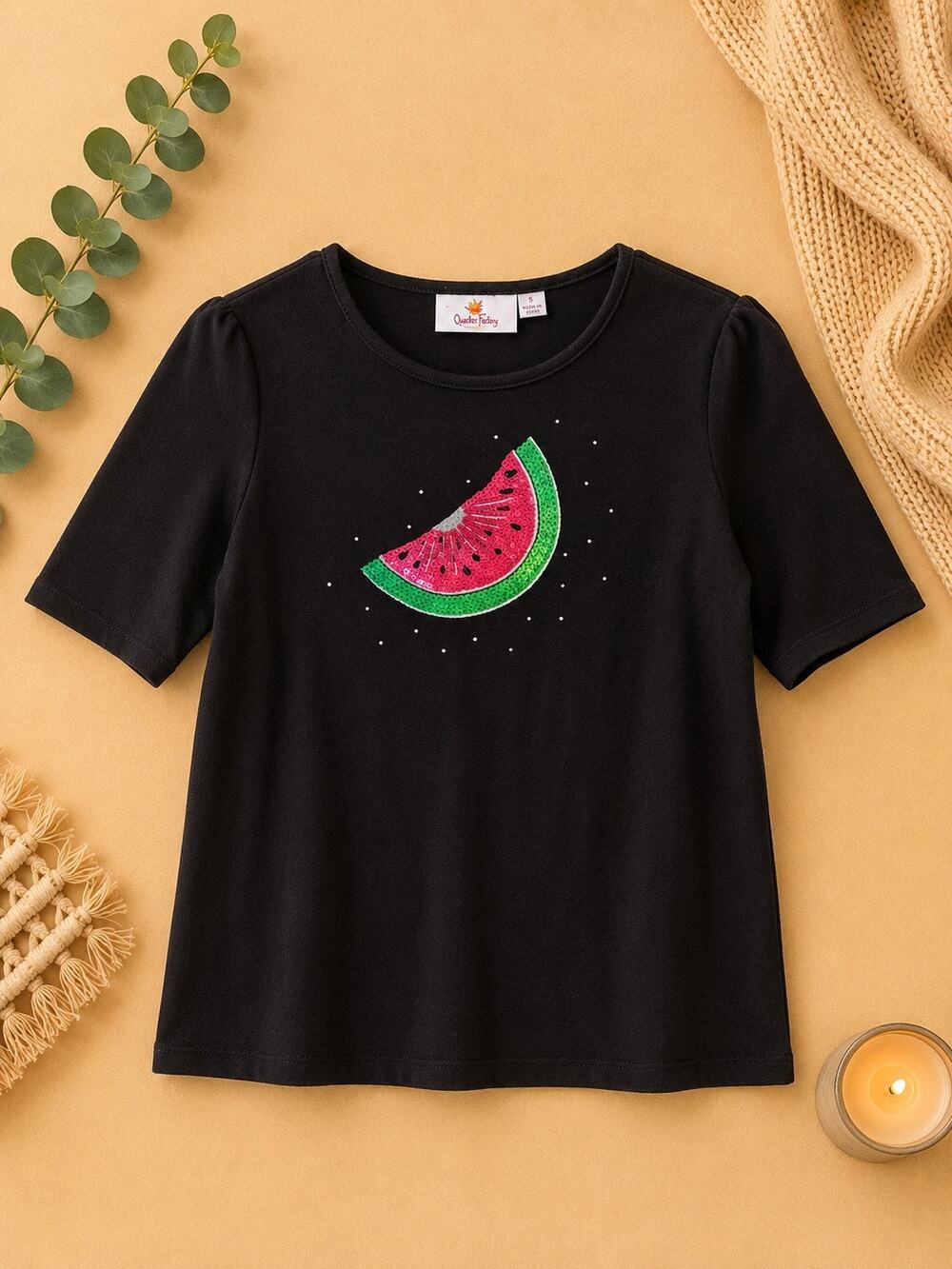 Quacker Factory Black Sequin Watermelon Graphic Tee Women Sz S